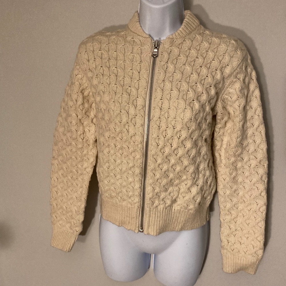 Women's Cream Wool Cable Knit Zipper Front Sweater
